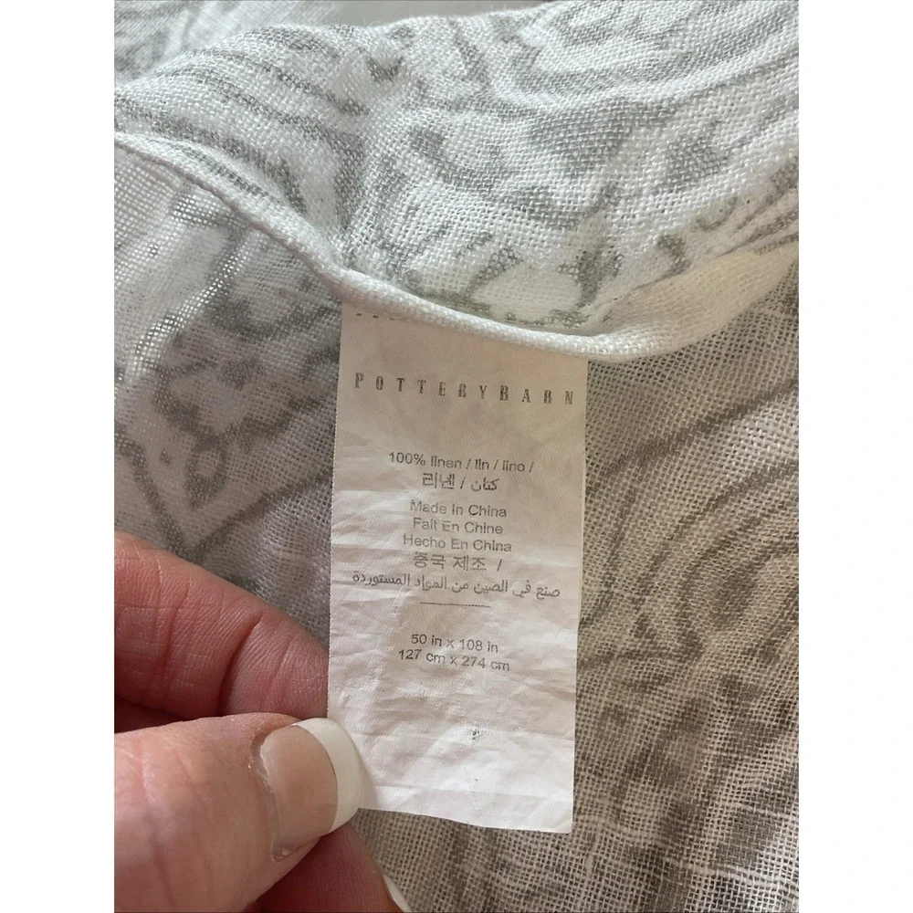 2 Pottery Barn Linen Sheer Curtain Panels White Grey Damask paisley 50